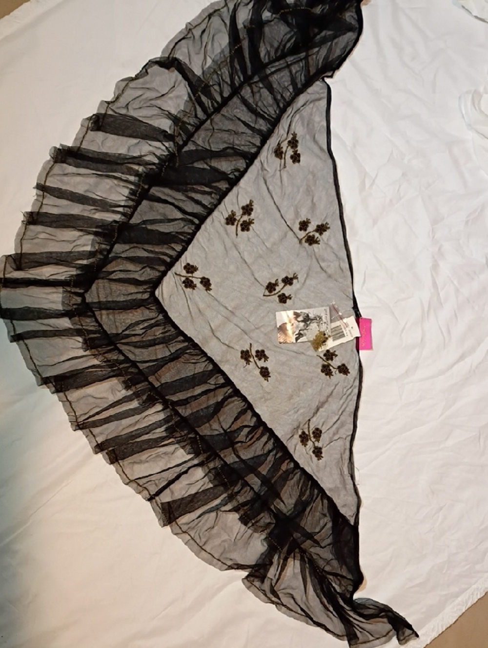 Betsey Johnson Black Sheer Scarf with Gold Beaded Floral Accents